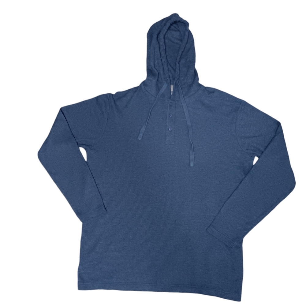 EIGHT BELLS Hoodie Top Men's Size Medium Waffle Knit 1/4 Button Steel Blue